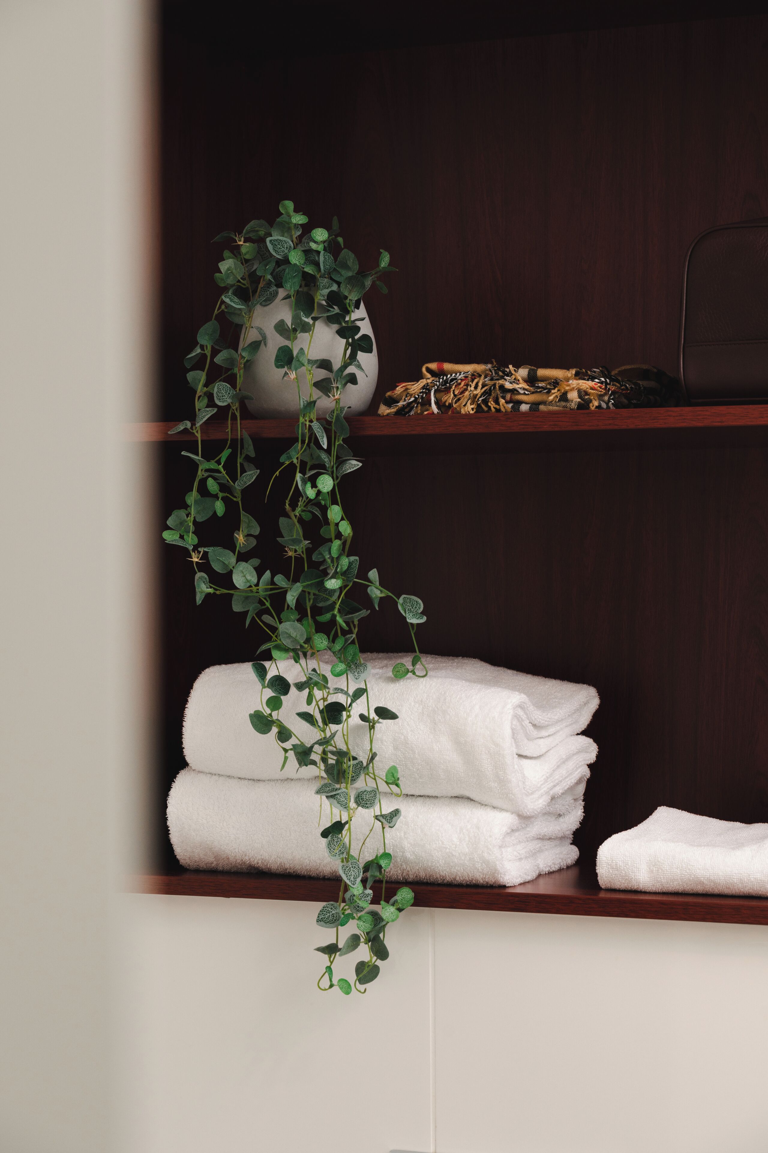 A bathroom with a wooden shelf holding folded towels and a potted plant.
