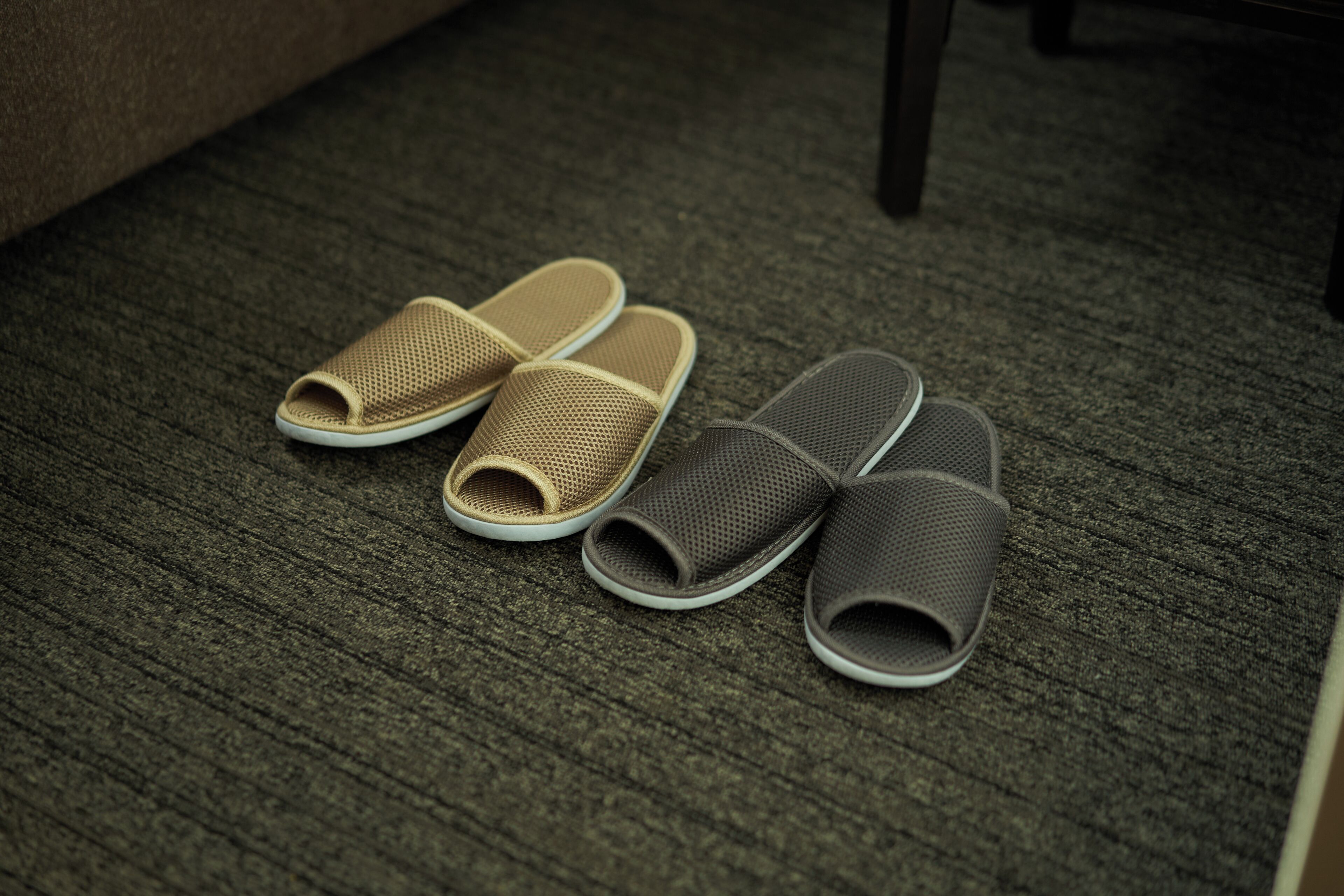 A pair of beige and gray slippers on a textured carpet.