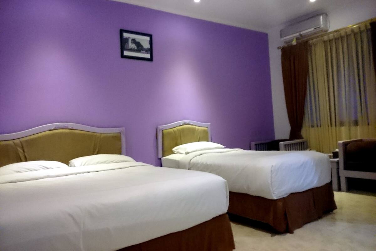 A hotel room with two beds, a picture on the wall, and an air conditioning unit.