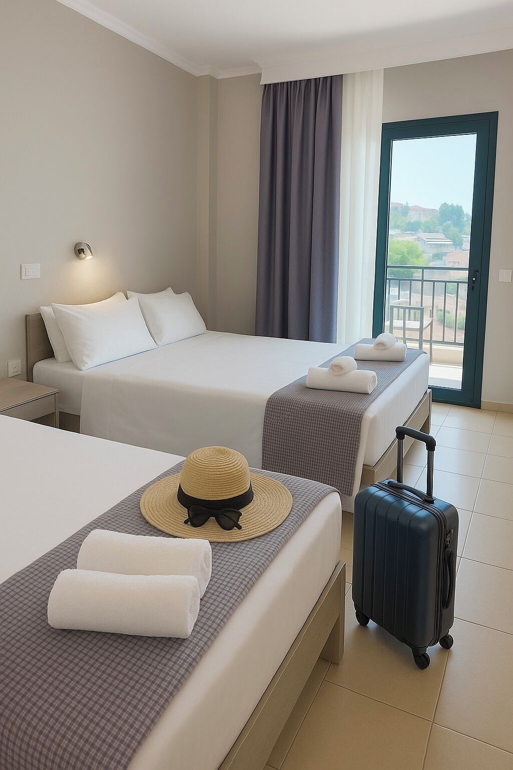 A hotel room with two beds, a balcony, and a suitcase.