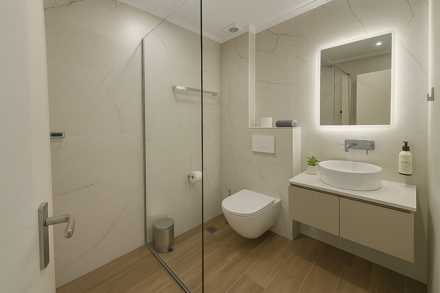 A modern bathroom with a glass-enclosed shower, a toilet, a sink with a mirror, and a small plant on the countertop.
