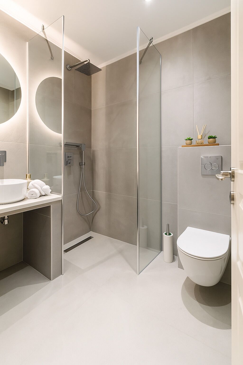 A modern bathroom with a glass-enclosed shower, a white sink, and a toilet.