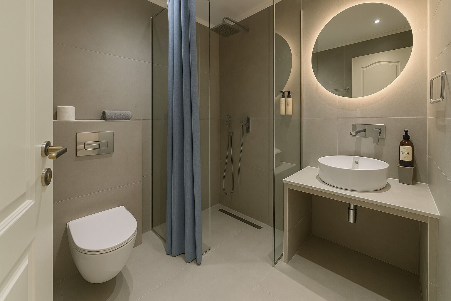 A modern bathroom with a toilet, shower, and sink.
