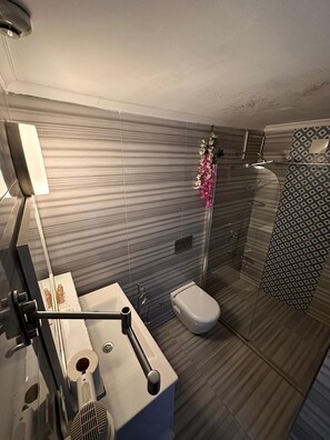 Dusch, gratis toalettartiklar, hårtork och tofflor