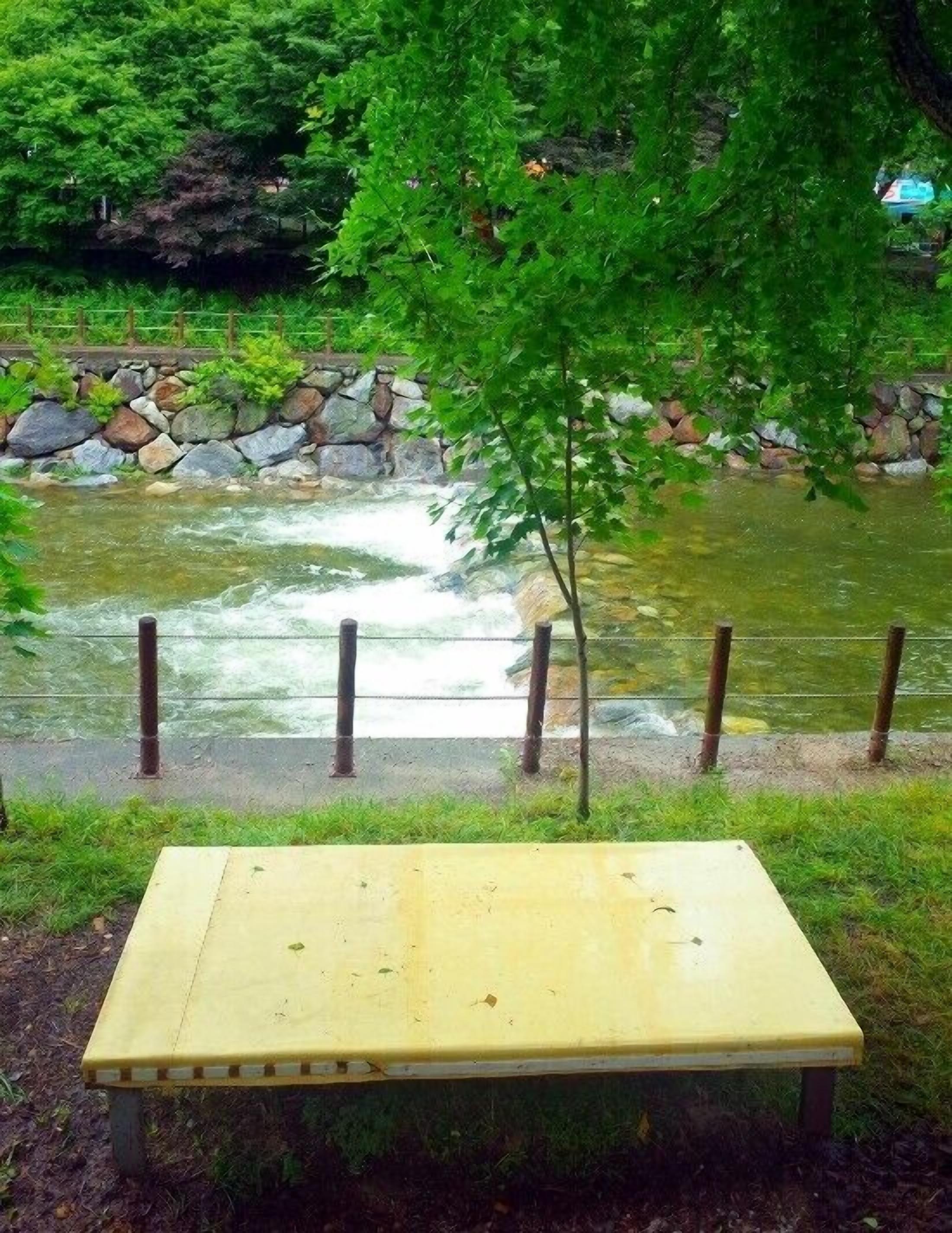 Un banco junto a un río, con un muro de piedra y follaje al fondo.