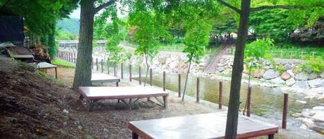Un espacio exterior tranquilo con mesas de picnic y un sendero de piedra que conduce a un puente.