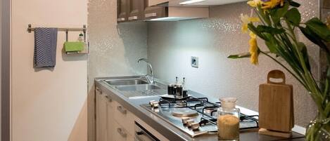 A modern kitchen with a gas stove, stainless steel sink, and wooden cabinets.
