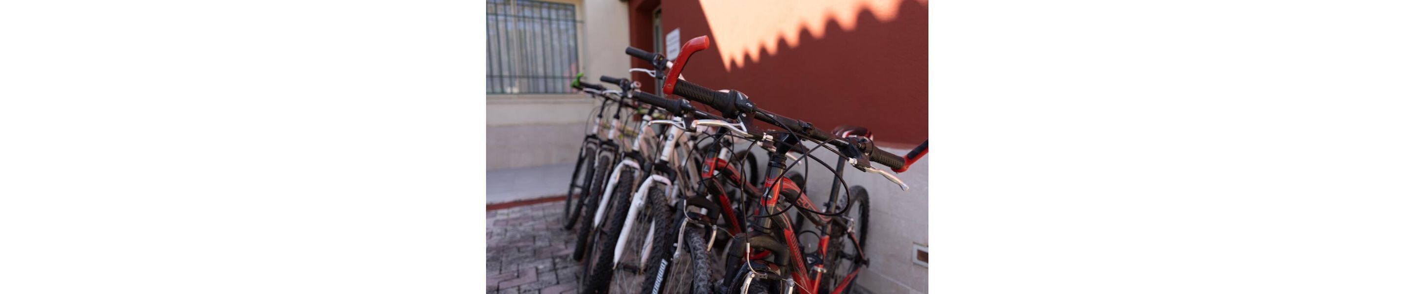 Biciclette parcheggiate a riga contro un edificio con una parete rossa.