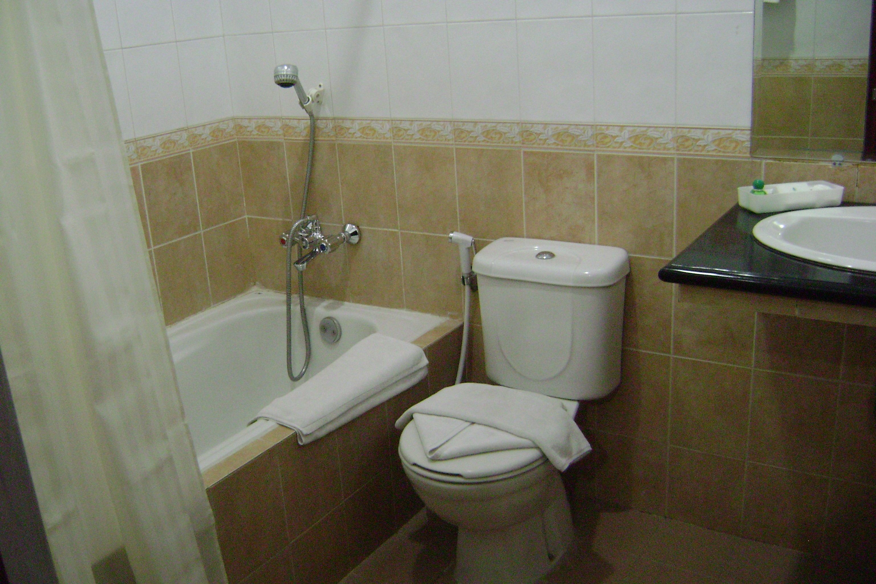 Um banheiro com banheira, vaso sanitário e pia.
