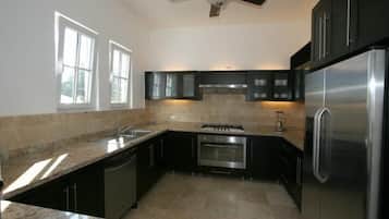 Full-sized fridge, microwave, stovetop, dishwasher