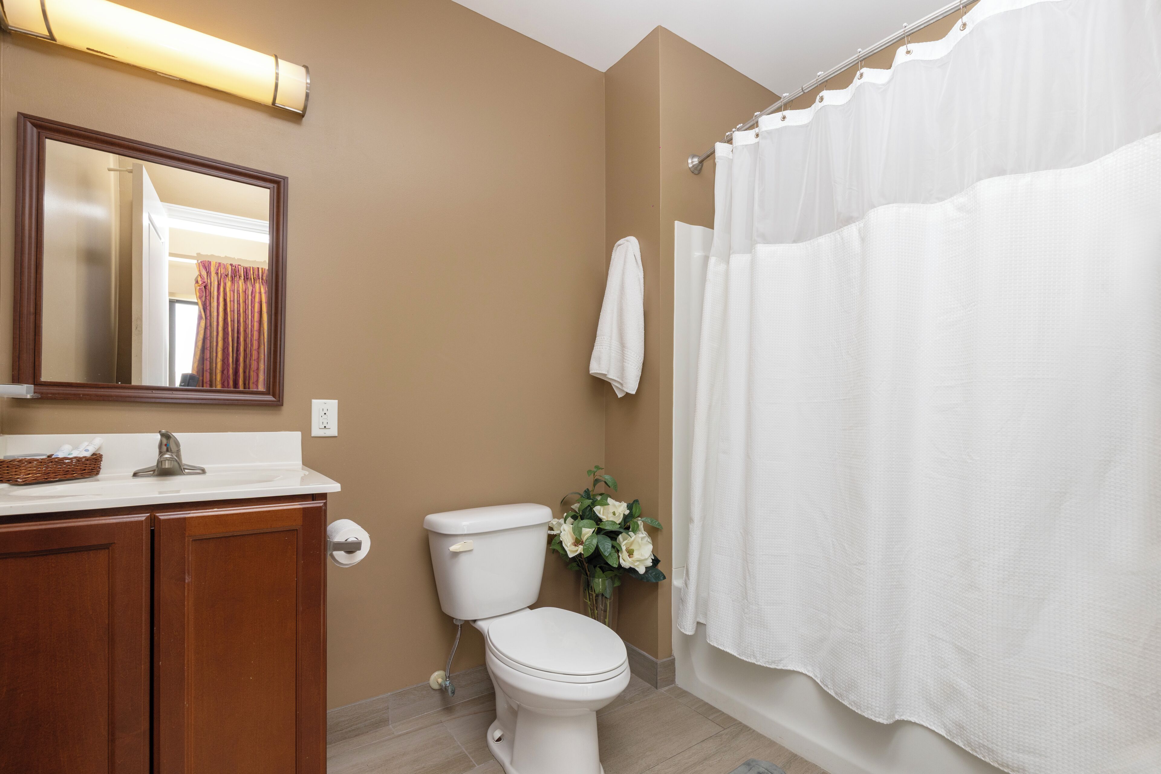 combined shower/bathtub, free toiletries, hair dryer, towels