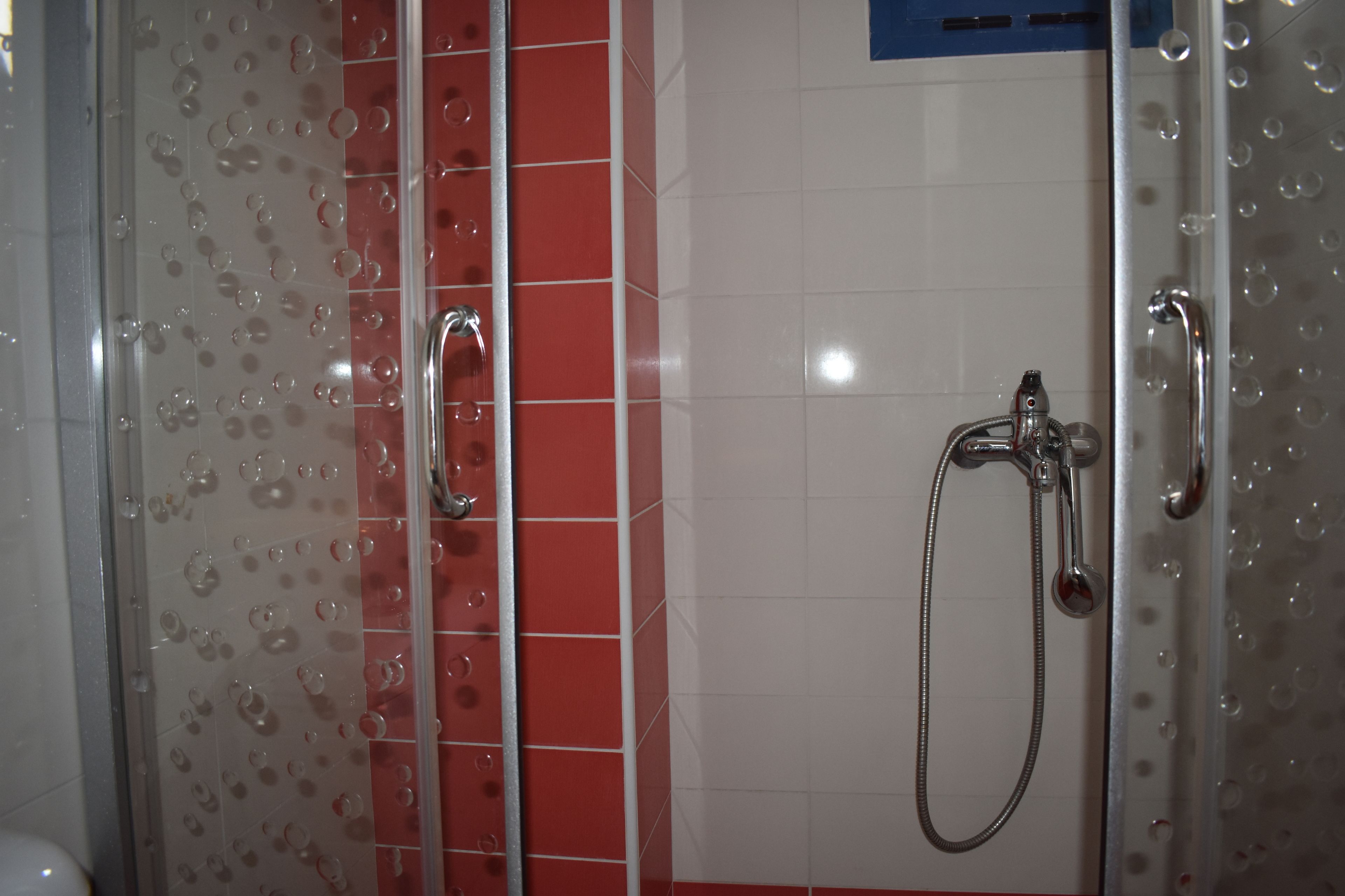 Une douche avec une porte en verre, un mur recouvert de carreaux rouges et blancs, et un pommeau de douche à main.