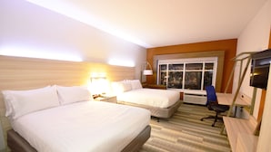 A hotel room with two beds, a desk, a chair, a TV, and a large window with a city view. - Holiday Inn Express & Suites Toledo South - Perrysburg by IHG (Perrysburg)