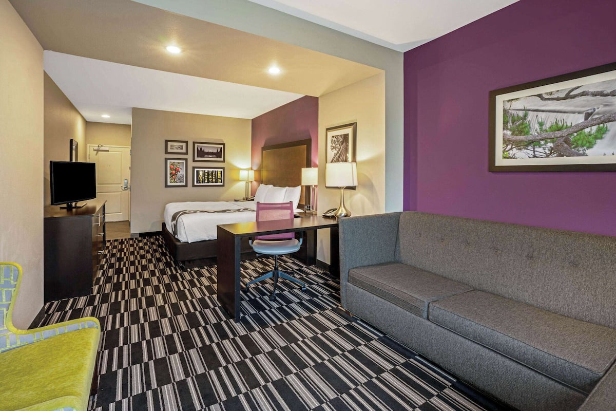 Una habitación de hotel con cama, escritorio, sofá y televisión.