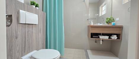 Un baño moderno con inodoro, ducha y zona de lavamanos.