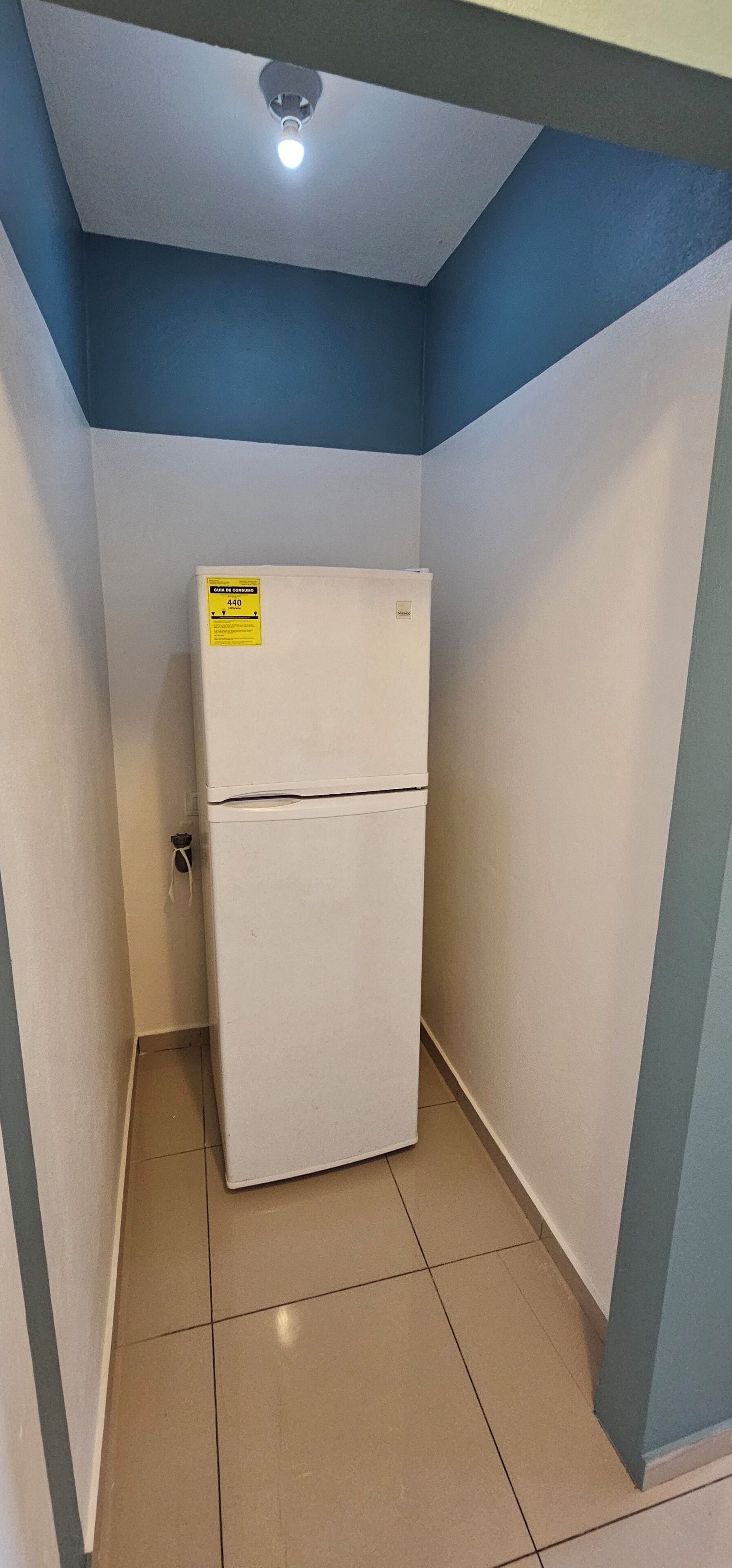 A small, narrow room with a white refrigerator against the wall, a ceiling light, and a door with a handle.