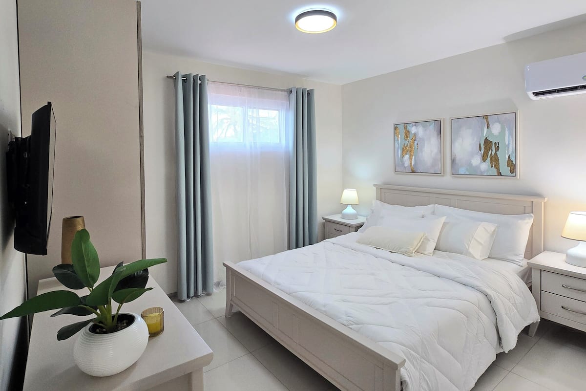 Un dormitorio moderno con una cama, mesitas de noche, un televisor y una planta en maceta.