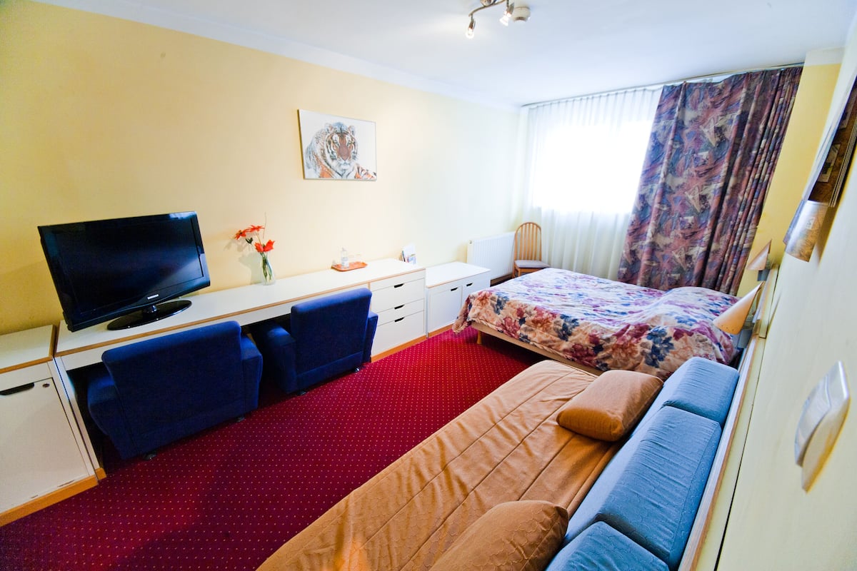 Habitación de hotel con cama, escritorio con televisor, una silla y una mesita con un jarrón de flores.