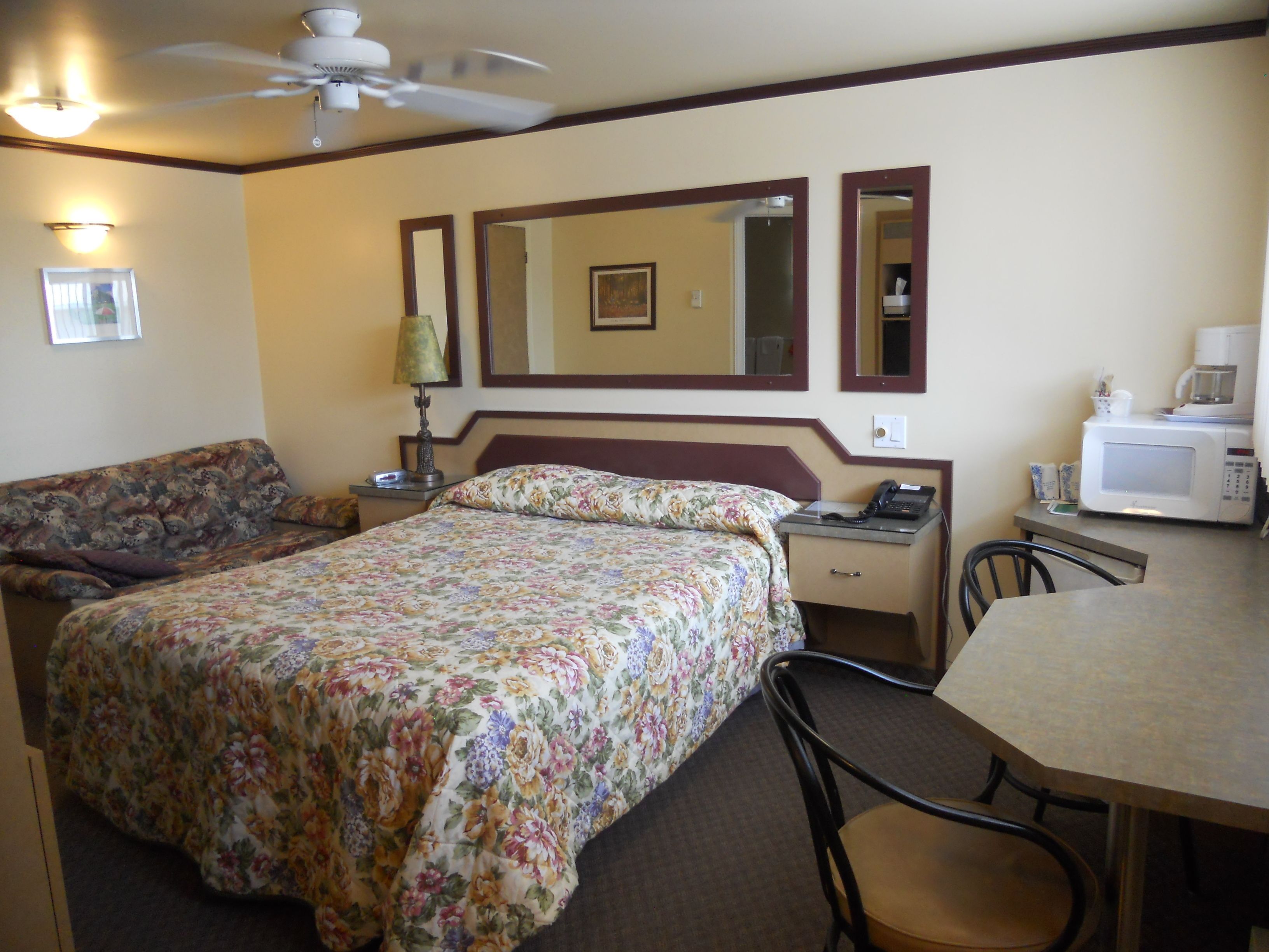A hotel room with a bed, a desk, a chair, a lamp, a ceiling fan, and a microwave.