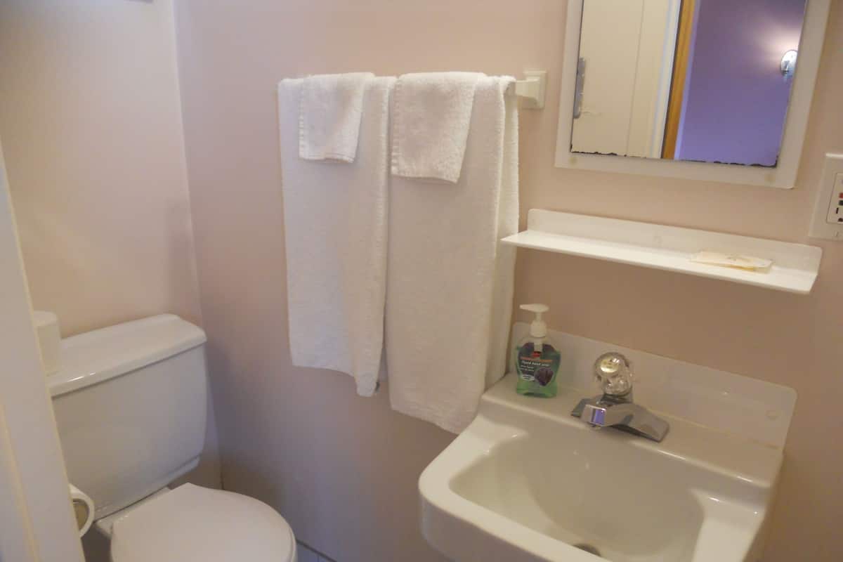 Un baño pequeño con inodoro, lavabo y dos toallas blancas colgadas en un perchero.