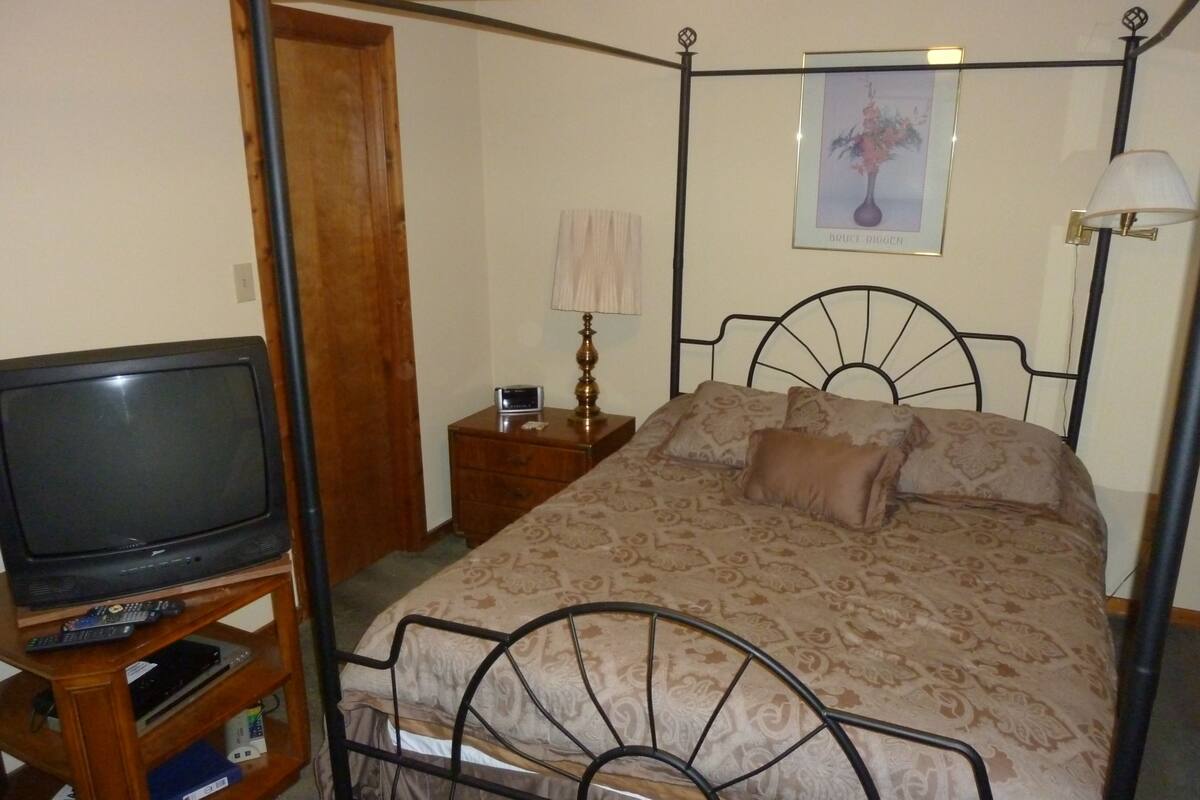 Une chambre à coucher avec un lit à baldaquin, un téléviseur posé sur un meuble en bois, une table de chevet avec une lampe et un tableau encadré accroché au mur.