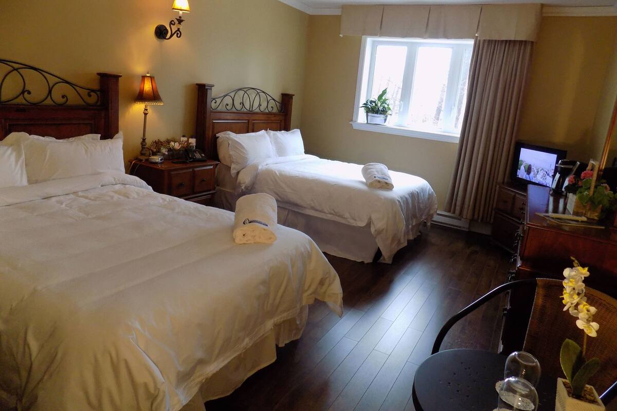 A hotel room with two beds, a nightstand with a lamp, a TV, and a window with curtains.