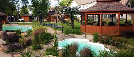 Sauna, hot tub, steam room, hot stone massages, deep-tissue massages