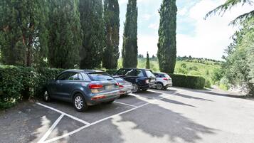 Un estacionamiento con varios coches aparcados, rodeado de altos árboles y follaje.