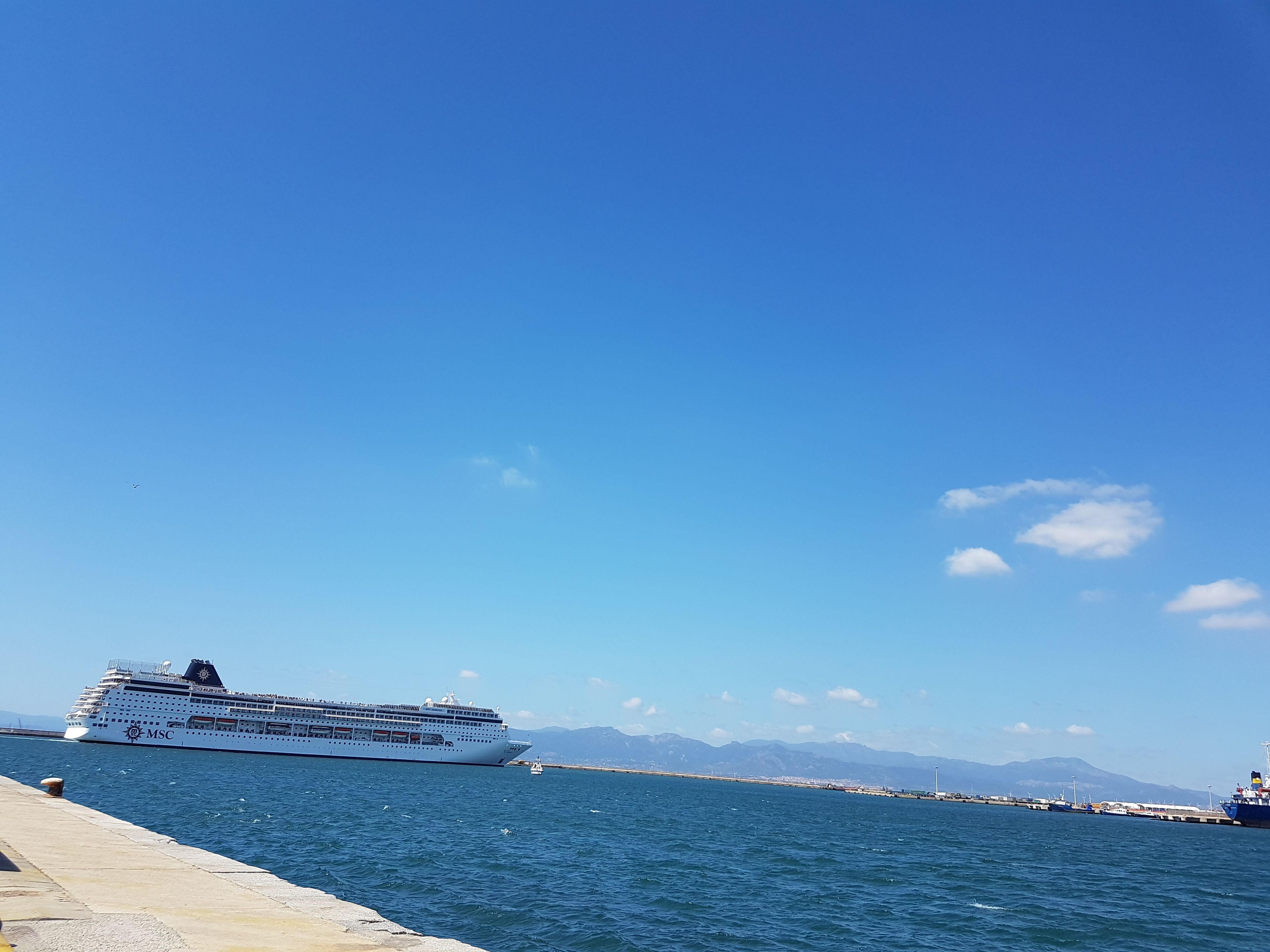 Un gran crucero amarrado en un puerto con cielo azul despejado y montañas al fondo.