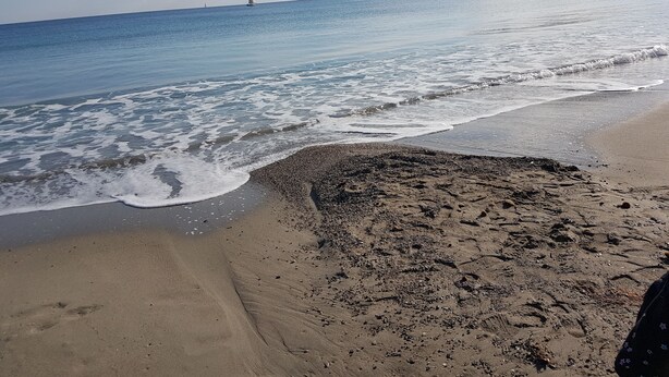 A beach with a rocky shoreline, waves gently lapping at the sand, and a distant lighthouse. - Da Agnese Locazioni brevi (Cagliari)