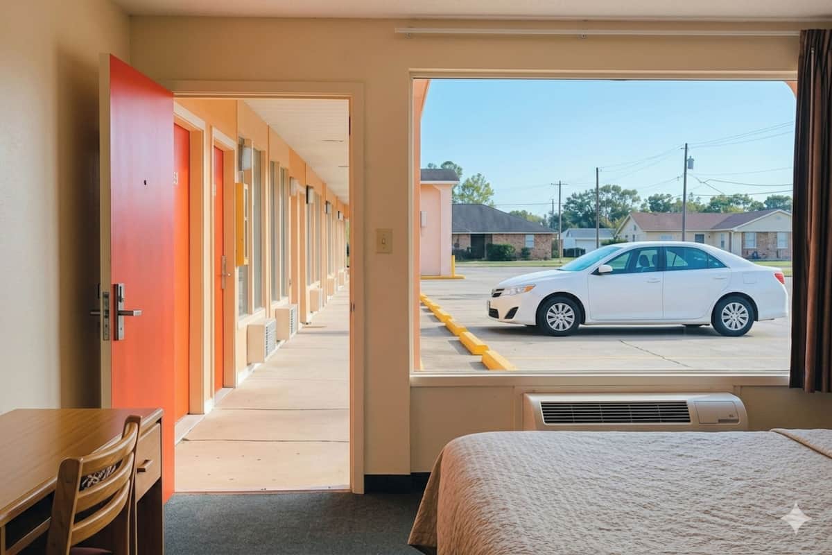 A hotel room with a bed, a desk, and a window with a view of a street and parked car.