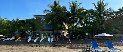A beach with blue lounge chairs, a building with a blue roof, and palm trees.