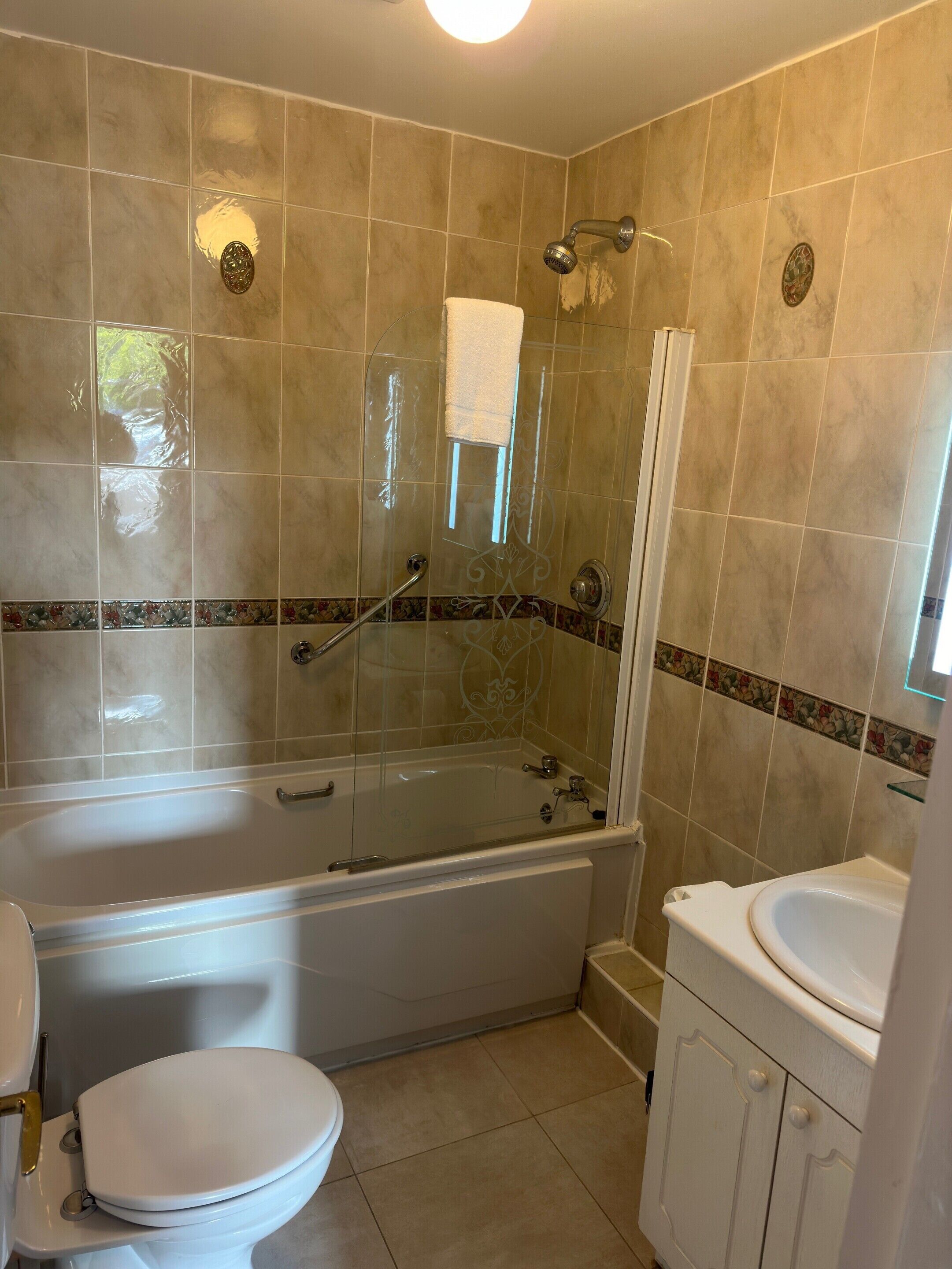 Un baño con ducha de vidrio, inodoro y lavabo.