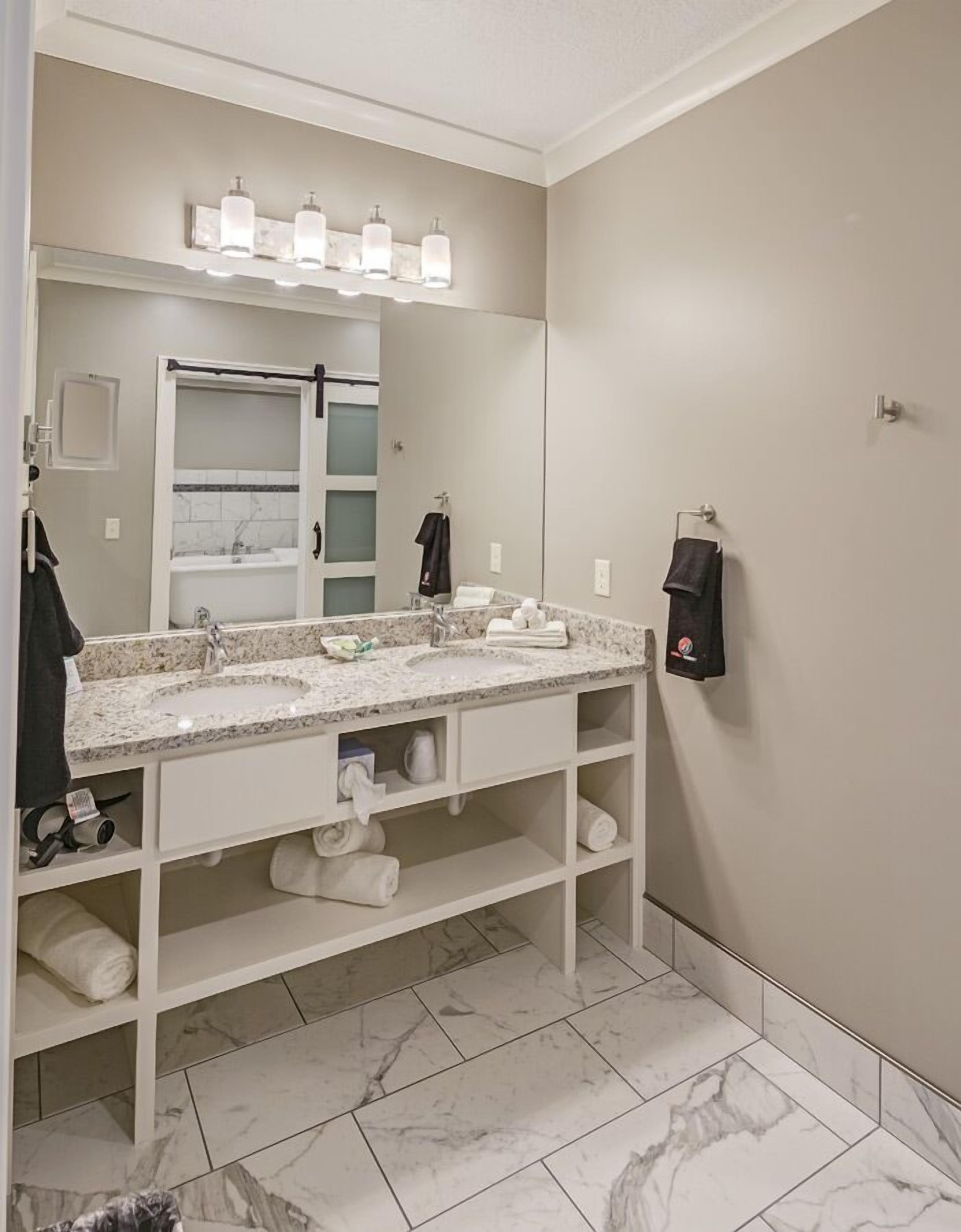 Un bagno con doppio lavandino, uno specchio grande e un porta asciugamani.