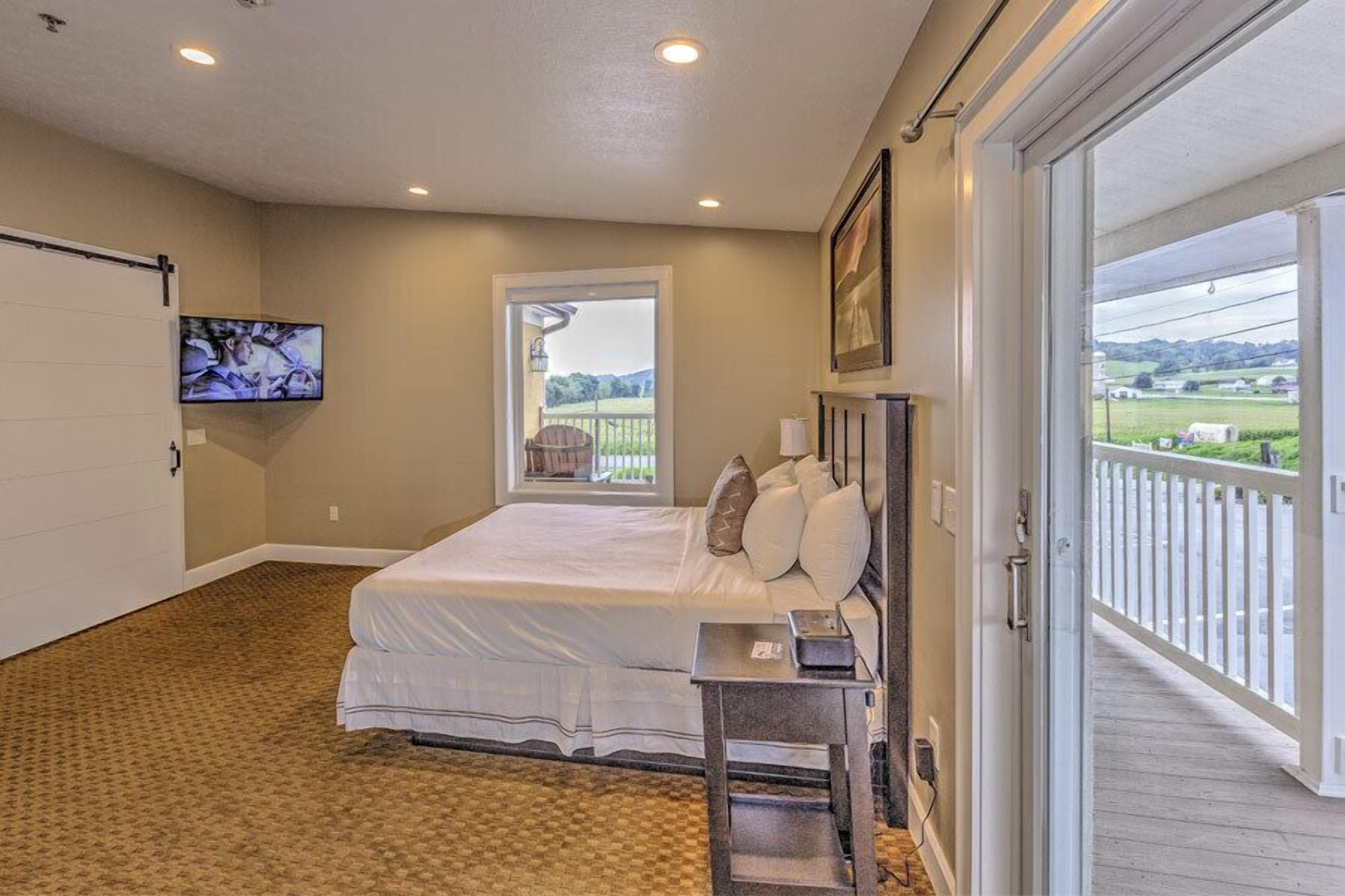 A bedroom with a large bed, a TV mounted on the wall, and a balcony with a view of the countryside.