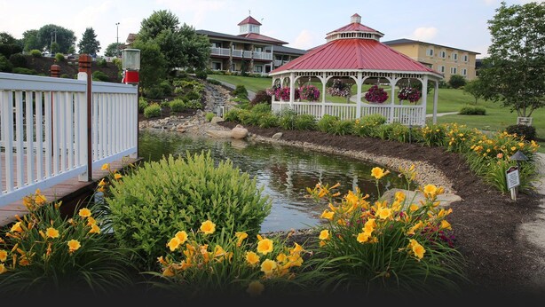 A pond with yellow flowers, a gazebo, and a white fence. - Berlin Resort (Millersburg)