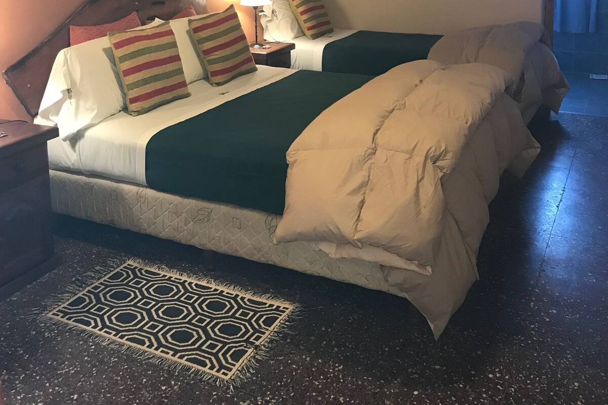 A hotel room with two beds, a patterned rug, a framed picture on the wall, and a window with curtains.