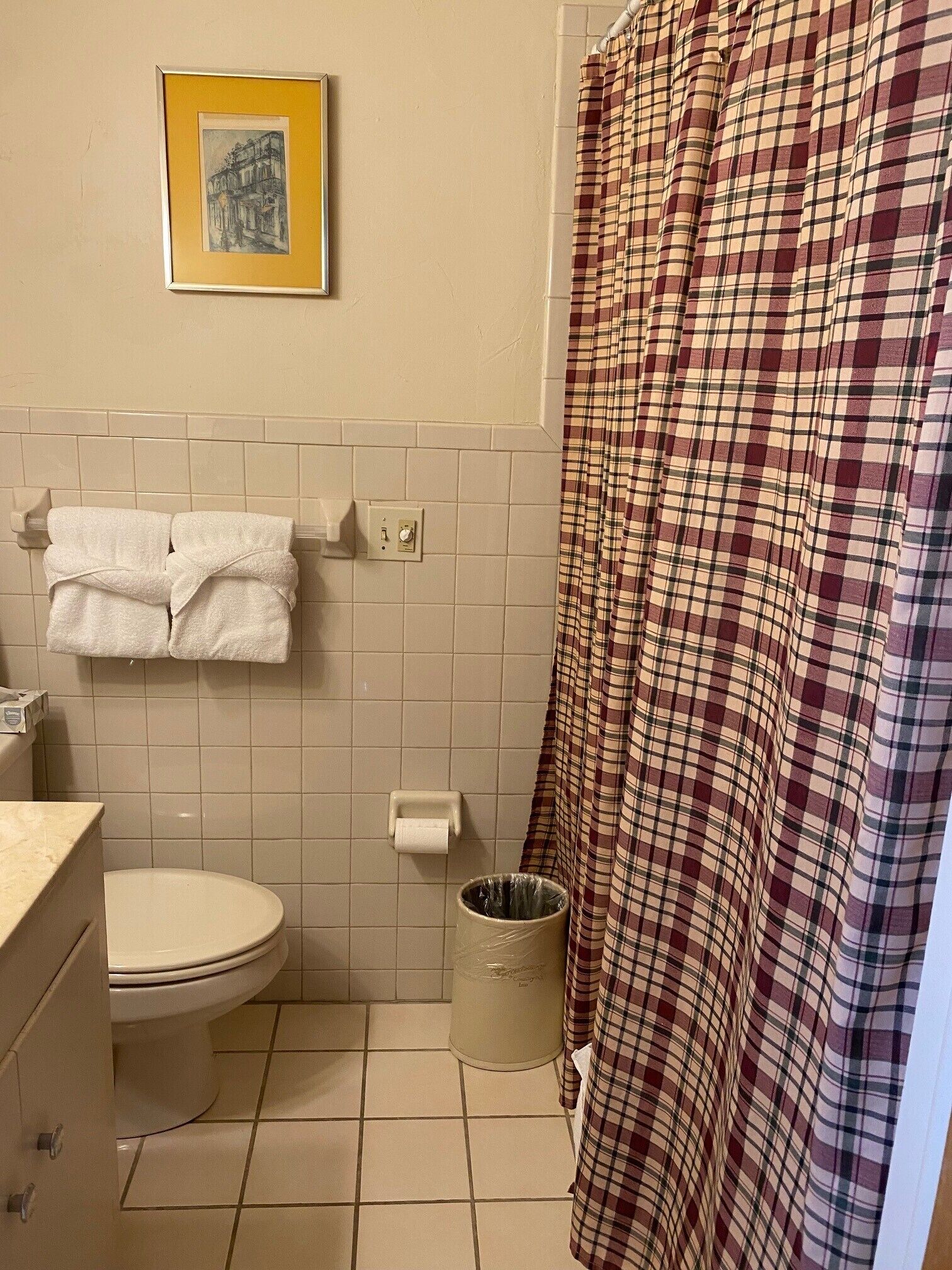 A bathroom with a toilet, a sink, a trash can, a towel rack, and a shower curtain.