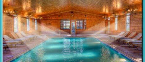 Indoor pool, open 7 AM to 9 PM, sun loungers