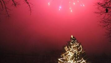 A snow-covered landscape with a prominent Christmas tree adorned with lights.