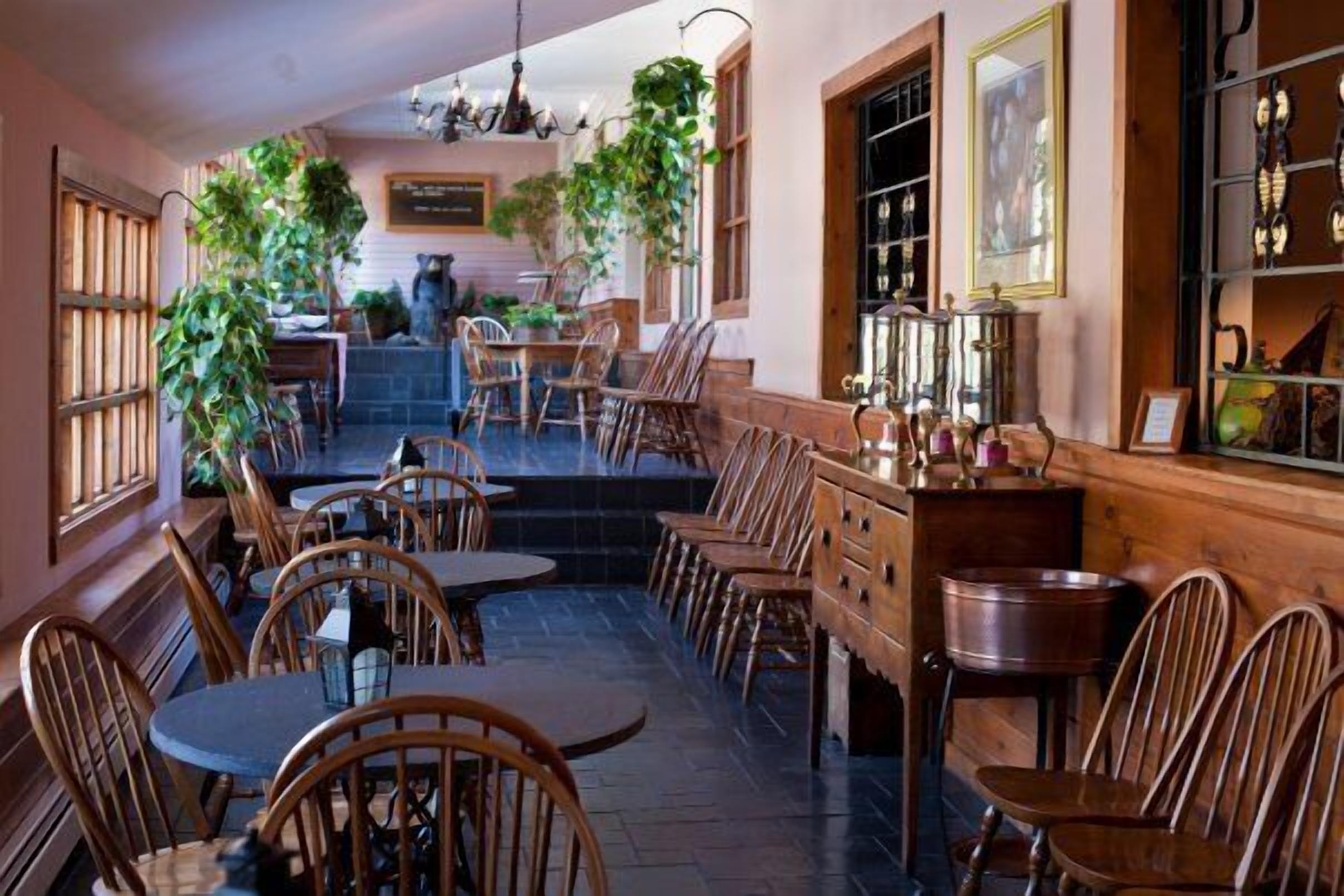 Un restaurante acogedor con muebles de madera, una zona de bar y plantas en macetas.