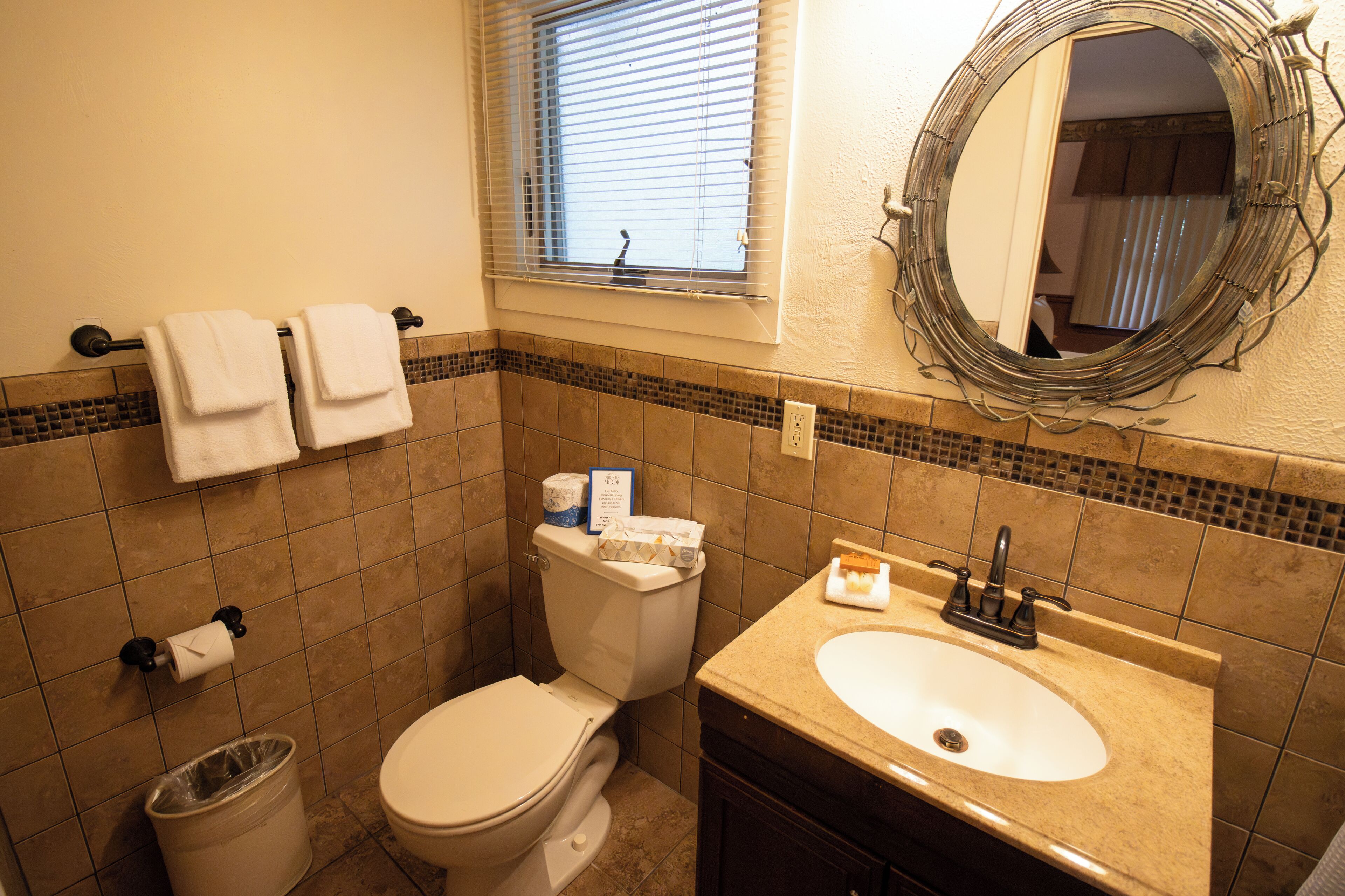 A bathroom with a toilet, sink, and a mirror.