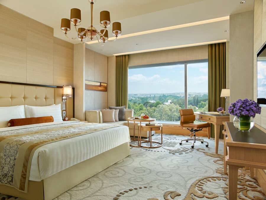 Habitación de hotel moderna con una cama grande, un escritorio, una silla y vistas a la ciudad.