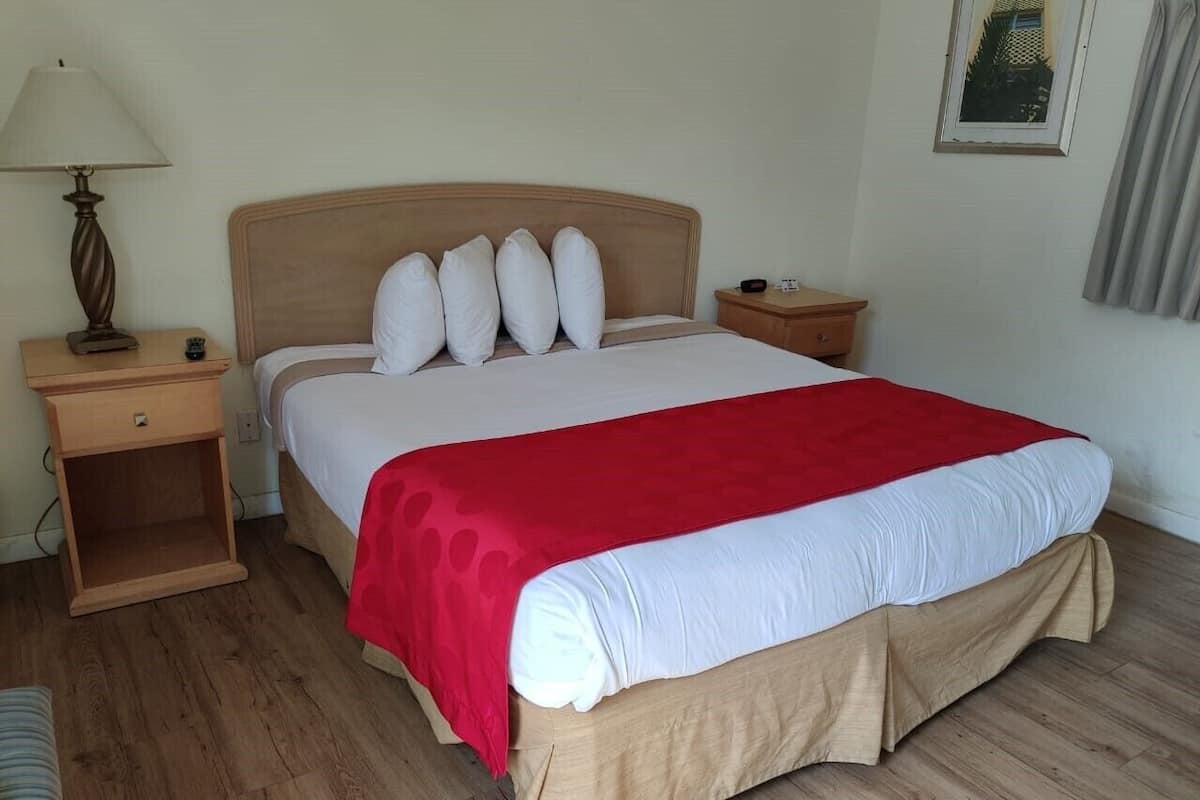 A neatly made bed with a red blanket, wooden headboard, and a nightstand with a lamp.