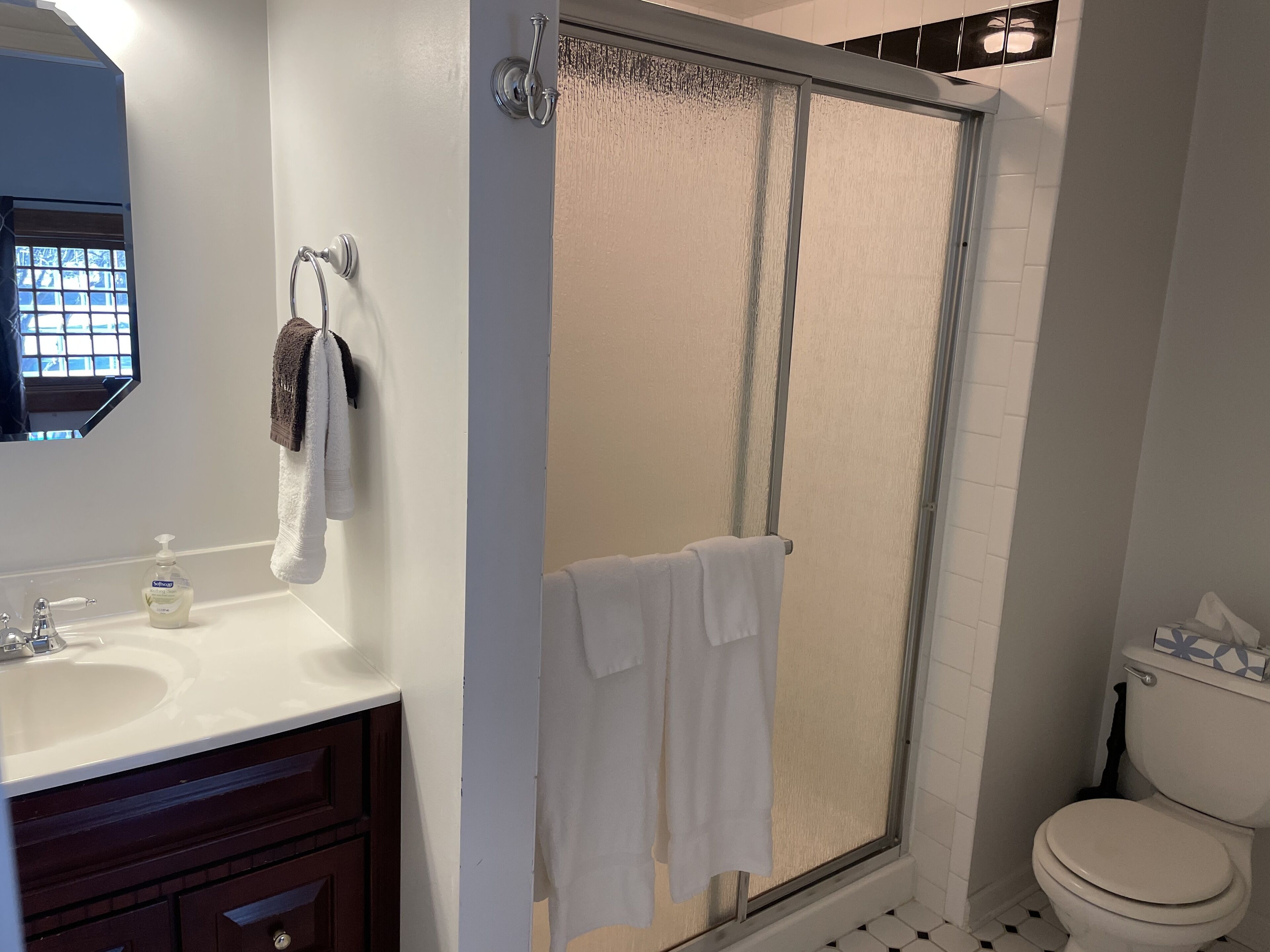 Un baño con ducha, inodoro y lavamanos.