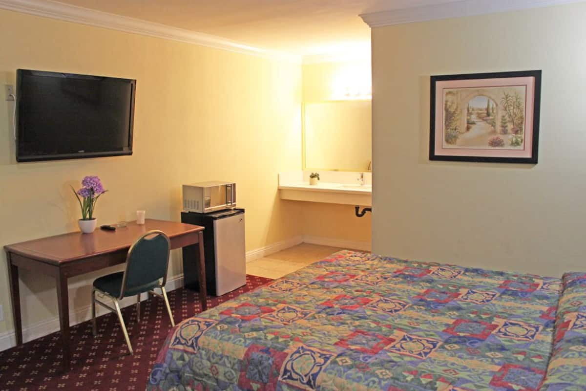 A hotel room with a bed, a desk with a chair, a television, a small refrigerator, a sink, and a framed picture on the wall.