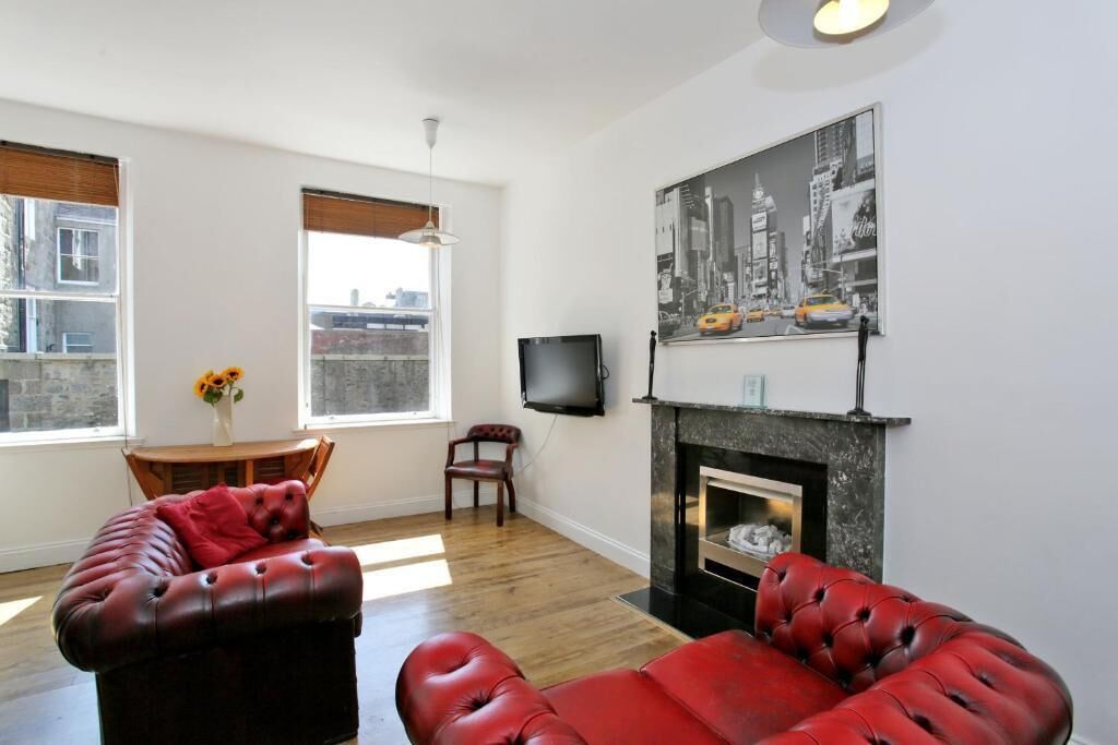 A living room with a fireplace, a television, and a cityscape painting.