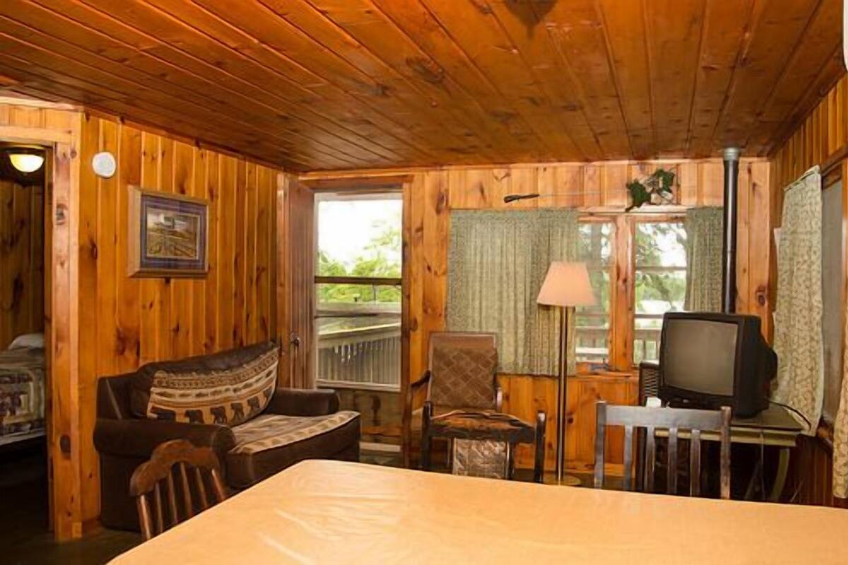 A cozy cabin room with wooden walls, a bed, a television, and a small table with a lamp.