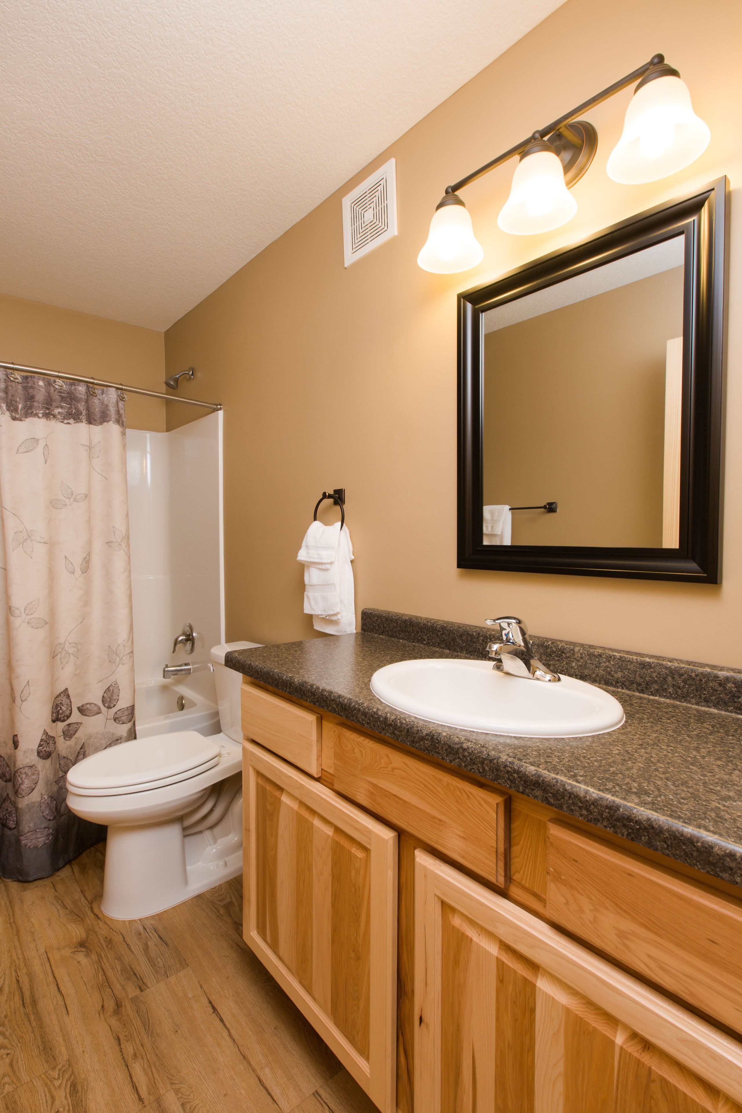 A bathroom with a shower, toilet, sink, and mirror.