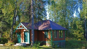 A rustic cabin with a sloped roof, surrounded by dense forest.